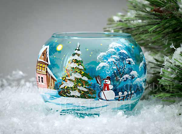 Candlestick vase boll Winter day. Snowman Vase boll