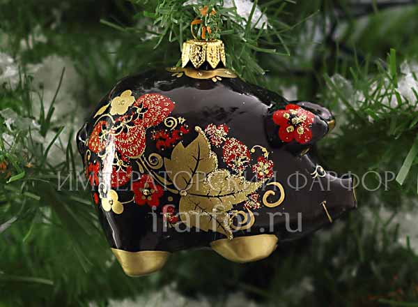 Christmas tree toy Свинка Khokhloma patterns black