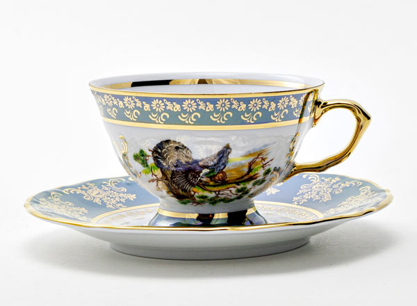 Cup and saucer tea Hunting Green. Wood grouse Maria Teresa