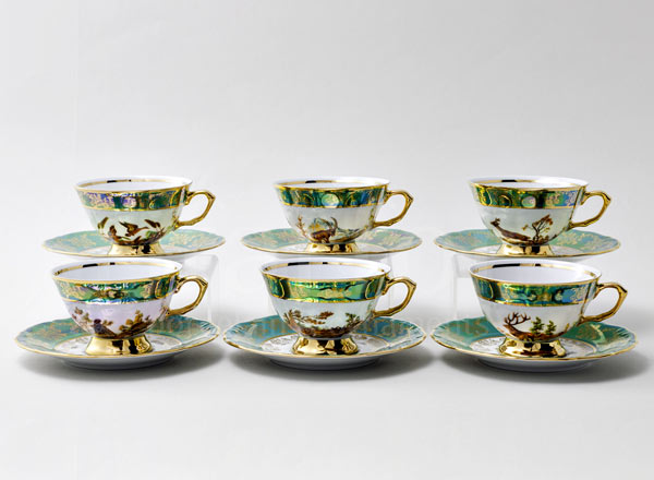 Set of caps and saucers Hunting Green 6/12 Maria Teresa