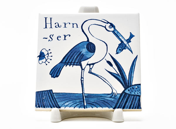 Tile Dutch. Heron with fish 