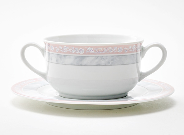 Cup and saucer for broth Gray marble with pink edging Yana