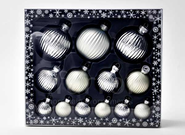 Set of Christmas tree toys in a gift box Frosty silver Ribbed ball