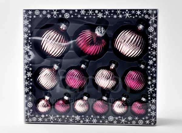 Set of Christmas tree toys in a gift box Berry kiss Ribbed ball