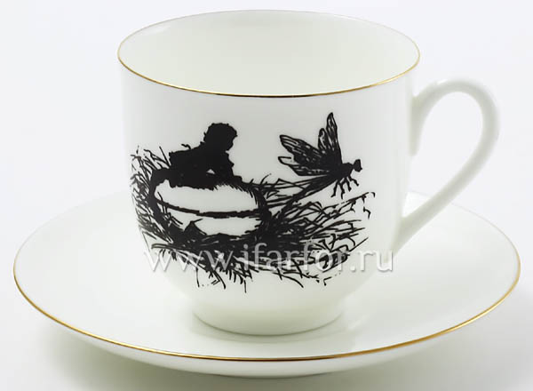 Cup and saucer Silhouettes. Dragon-fly Lily of the valley