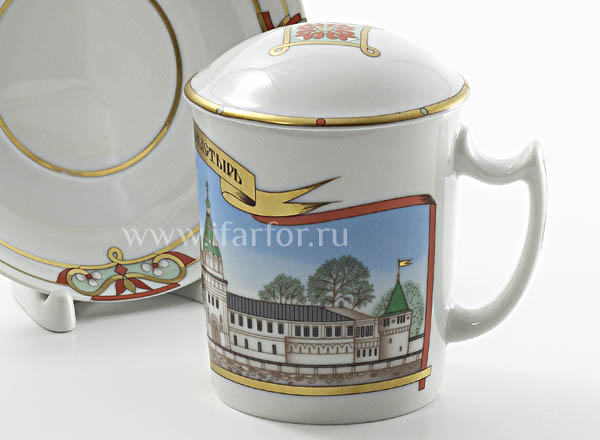 Mug with a lid and saucer The Ipatiev Monastery Snowing morning