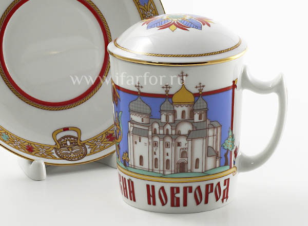 Mug with a lid and saucer Veliky Novgorod Snowing morning