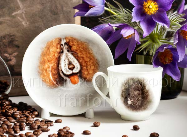 Cup and saucer in a gift box Dog. Hedgehog in the fog Lily of the valley