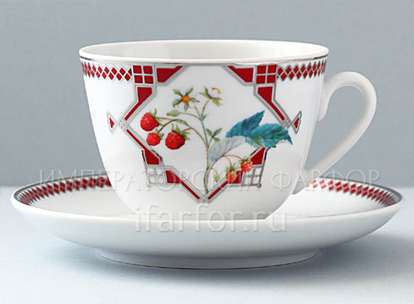 Cup and saucer tea Flowers and berries of Russia. Sweet raspberry Spring