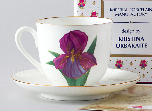 Cup and saucer in a gift box Iris flower Lily of the valley