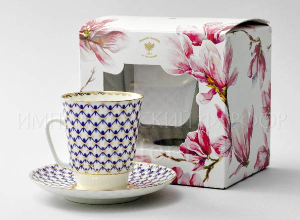 Cup and saucer in a gift box Flowers Cobalt net May