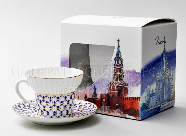 Cup and saucer in gift box Moscow Cobalt net Wave