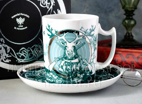 Mug and saucer in a gift box Mens stories. Hunting Snowing morning