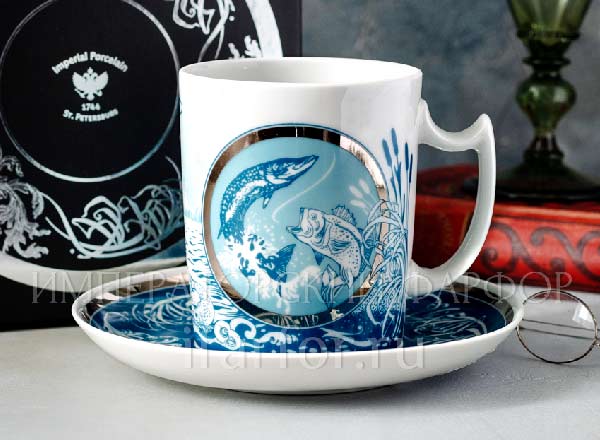 Mug and saucer in a gift box Mens stories. Fishing Snowing morning