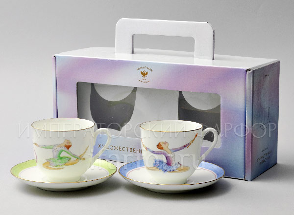 Set of two cups with saucers in a gift box Rhythmic gymnastics. Ribbon and Clubs 2/4 Lily of the valley