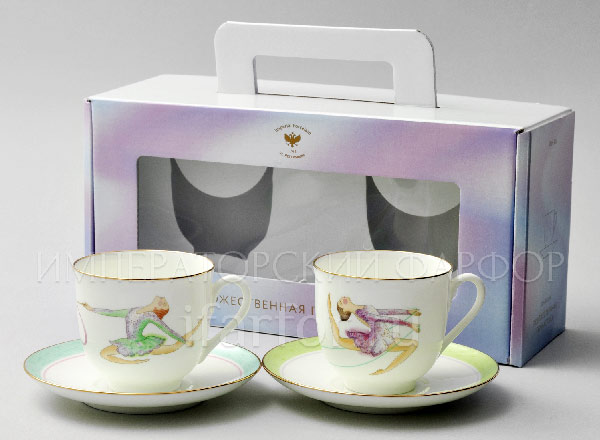 Set of two cups with saucers in a gift box Rhythmic gymnastics. Ribbon and Jump Rope 2/4 Lily of the valley