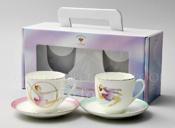 Set of two cups with saucers in a gift box Rhythmic gymnastics. Hoop and Jump Rope 2/4 Lily of the valley