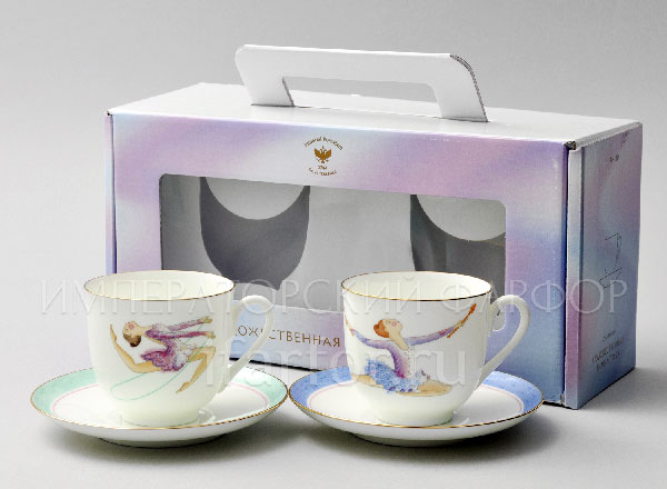 Set of two cups with saucers in a gift box Rhythmic gymnastics. Maces and Skipping Rope 2/4 Lily of the valley