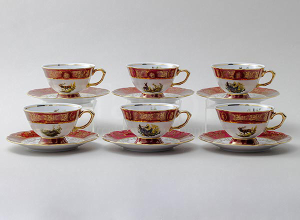Set of caps and saucers Hunting Red 6/12 Maria Teresa